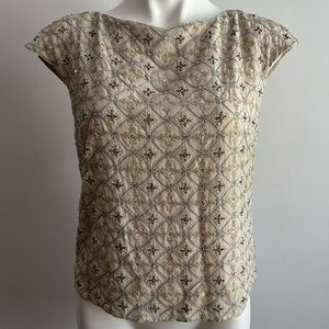 Talbots Sz 14 Fine Gray Putty Silk All Beaded Art-to-Wear Blouse Shirt Top